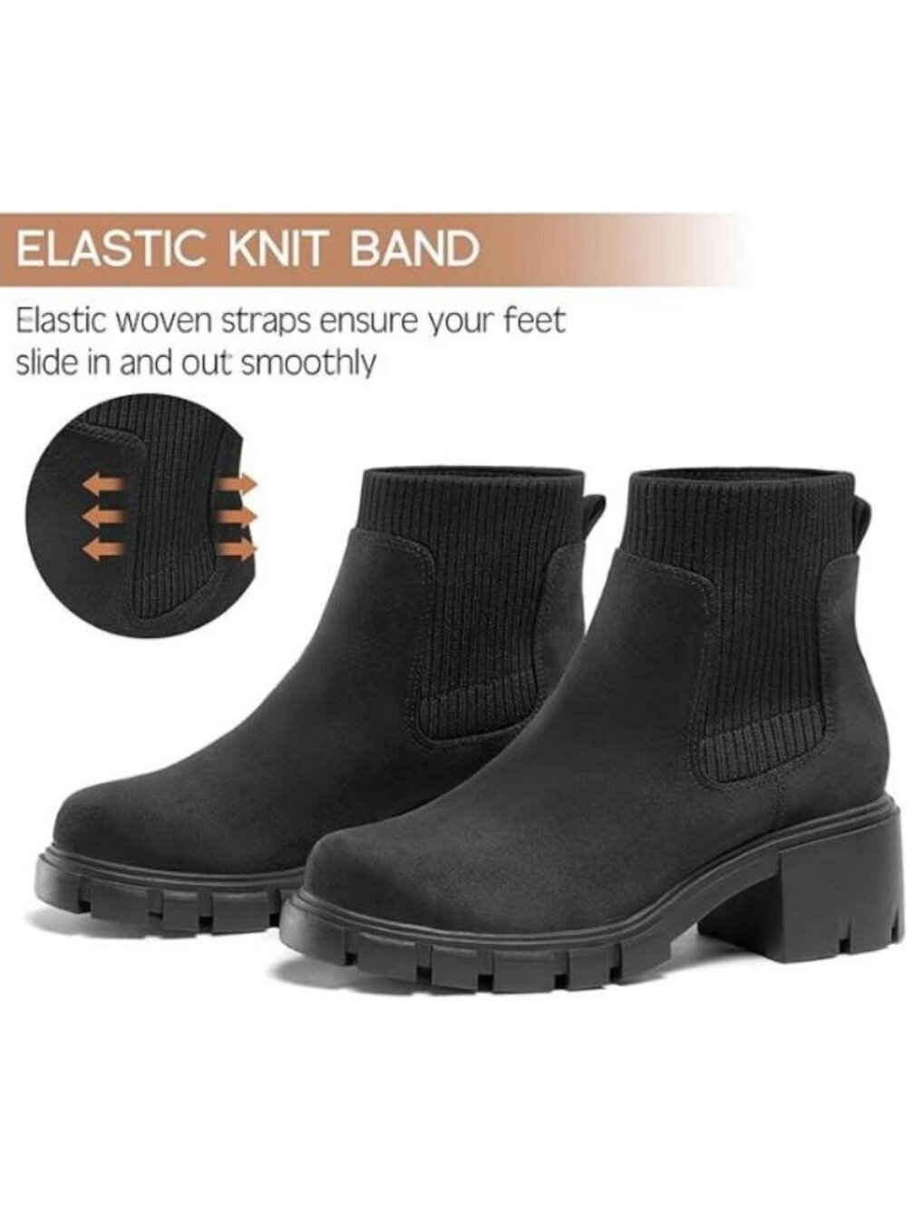 Women's Ankle Boots Chelsea Mid Heel Elastic Chunky Heel Lug Sole Black Suede - Picture 5 of 5